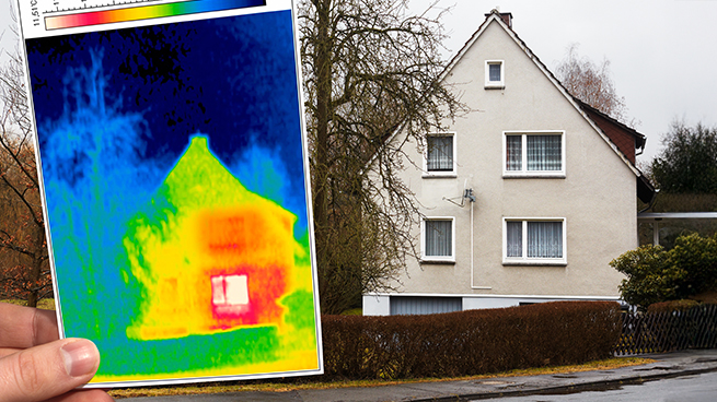 Einfamilienhaus mit Wärmebild und Wärmedämmung Defizit an den Fenstern