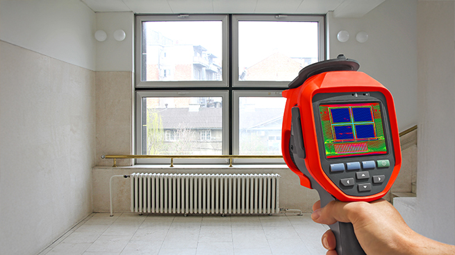 Wärmedurchgang am Fenster wird mit einem Messgerät gemessen