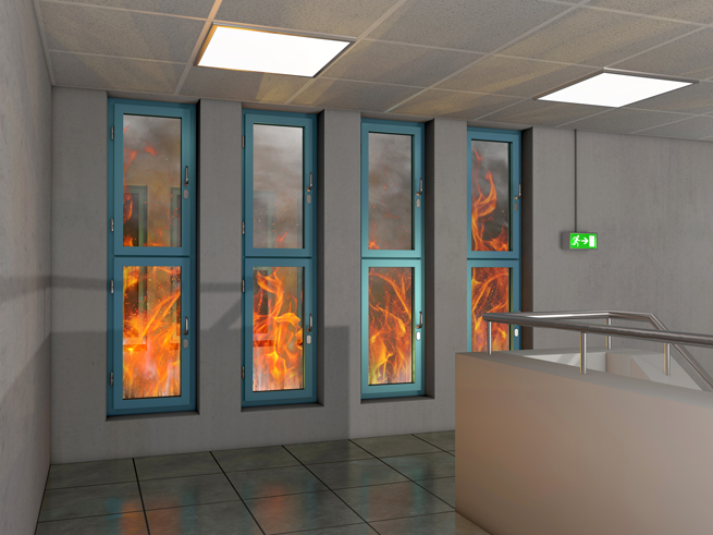 Brandschutzfenster mit Flammen aussen