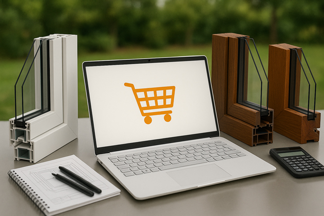 Fensterecken auf einem Tisch mit Laptop in der Mitte. Auf dem Laptop das Symbol für Online Shop