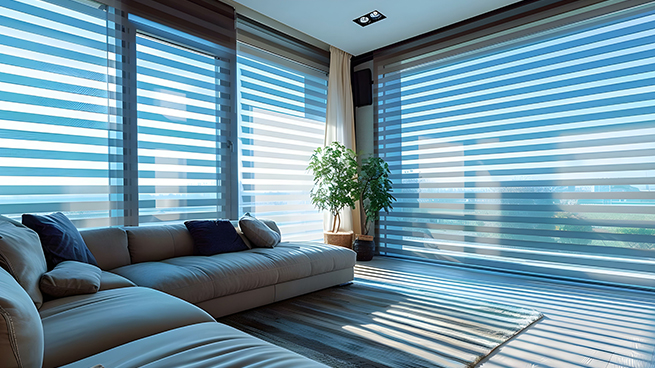 Modernes Wohnzimmer mit automatisch öffnenden Fenstern und Sonnenschutz