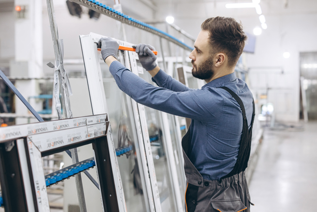 Monteur misst neues Fenster bei Produktion aus