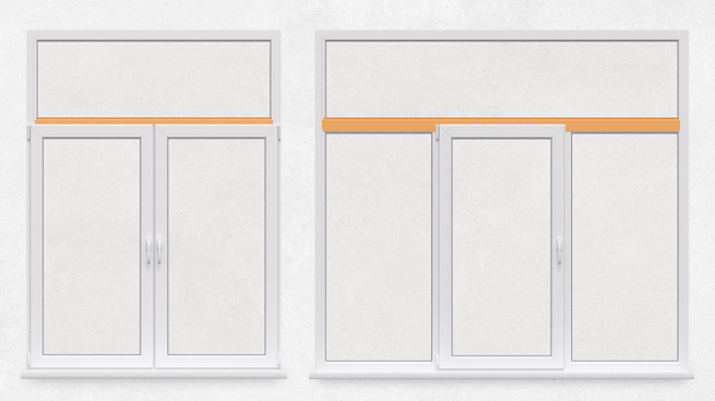 Zwei Fensterrahmen plus Flügel. Mit farblich markierter Kämpfersprosse
