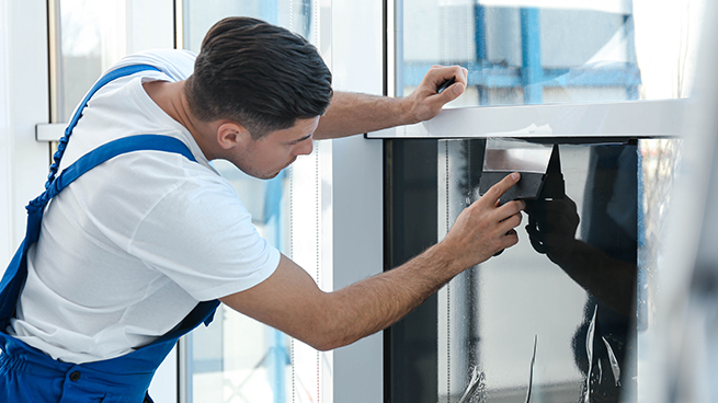 Folierer montiert eine Fensterfolie an die Innenseite eines Fensters