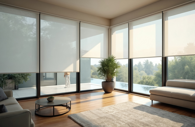 Rollos als Innenliegender Sonnenschutz in einem Wohnraum mit Panoramafenstern