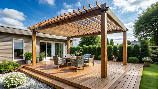 Freistehende Holzpergola in dunklem Naturholz