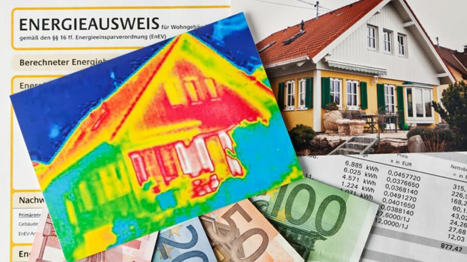 Haustür Wärmedämmung Symbolbild mit Geldnoten, Energieausweis und Haus