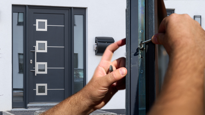 Montage eines Bildes von einer Haustüre und eines Detailbildes von einem Handwerker, der die Pilzkopfverriegelung einstellt