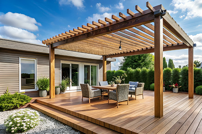 Pergola avec meubles de terrasse sur terrasse en bois