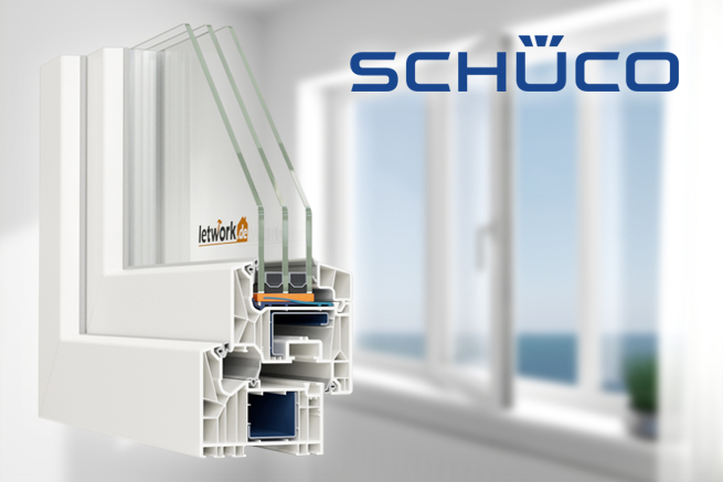 Schüco Einleitungsbild mit Logo und Schüco Fenster Musterecke
