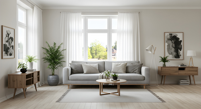 Weißes, dreiteiliges Wohnzimmerfenster in modern eingerichtetem Wohnraum mit weißen lichtdurchlässigen Gardinen