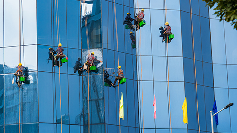 Mehrere Personen reinigen professionell die Fenster eines Hochhauses