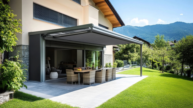 Un store moderne se trouve sous un toit de terrasse