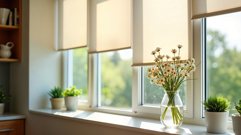 Drei Fenster mit heruntergelassenem Sonnenschutz-Rollo als innenliegender Sonnenschutz