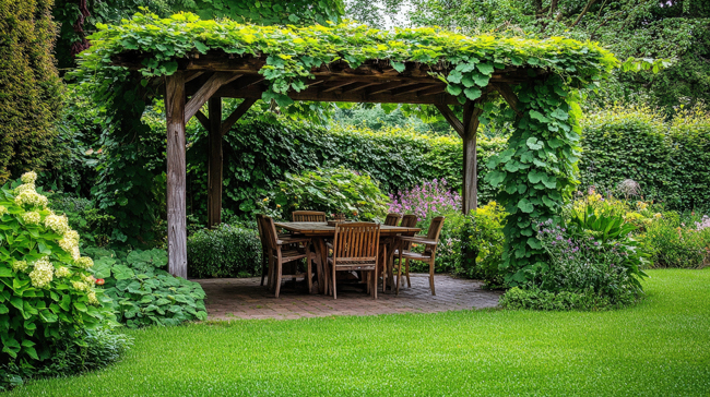 Eine Pergola, deren Dach mit Efeu begrünt ist