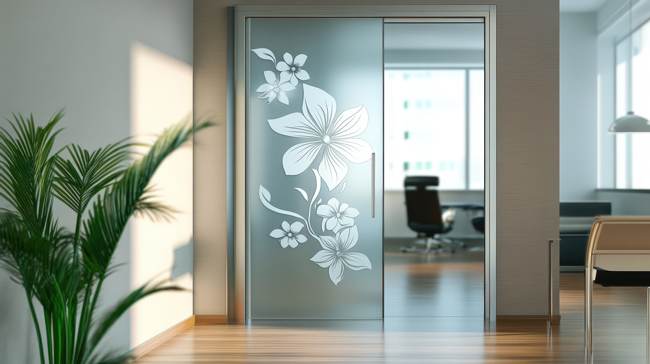 Glastür mit Blumen als Laserprint