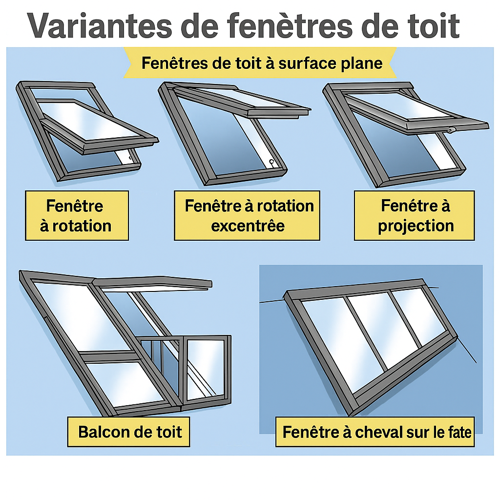 Infobild Dachfenster Varianten Schwingfenster, Kippfenster Hochschwingfenster Dachbalkon
