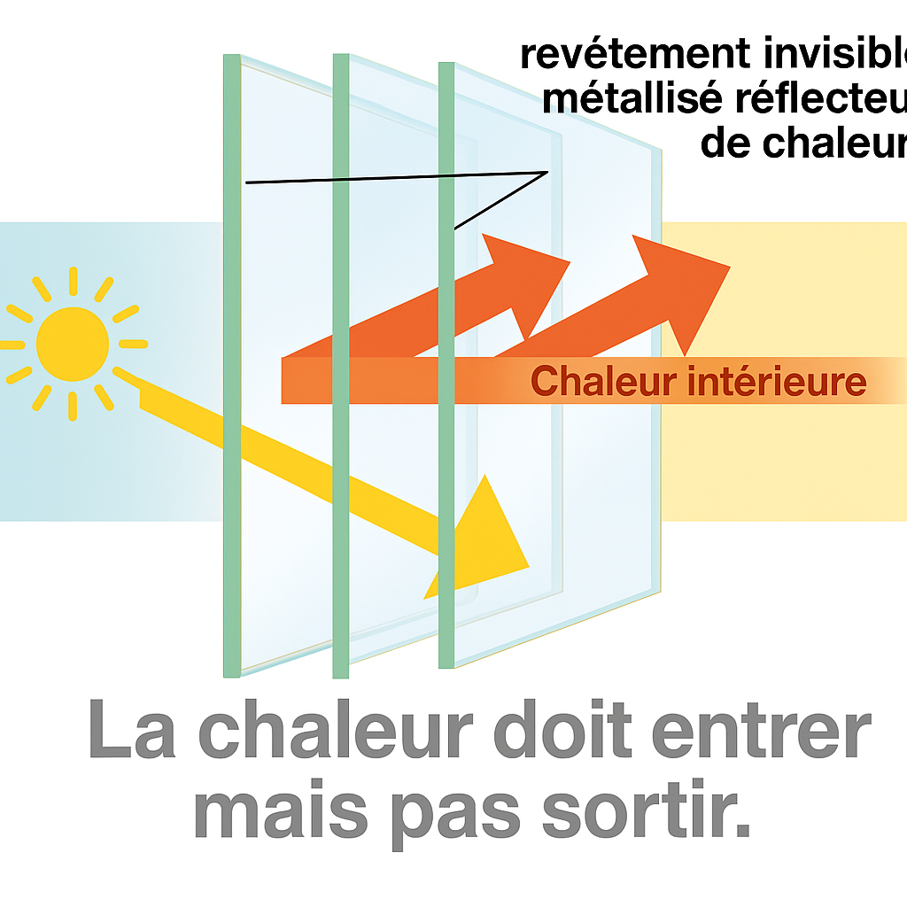 Infobild Wärmeschutzverglasung mit Einstrahlung von Sonne und Technik wie die Wärme gelenkt wird