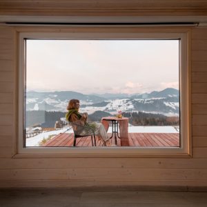 Exemple de type de fenêtre vitrage fixe. Grande baie panoramique avec vue sur les montagnes.