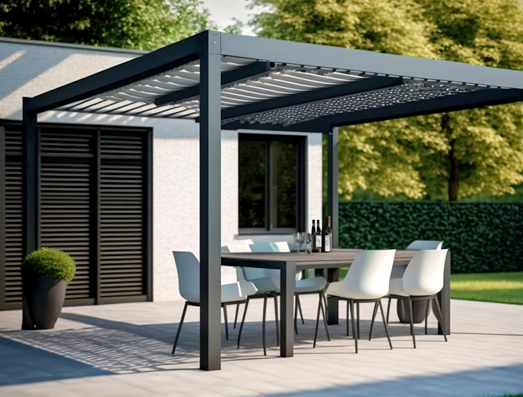 Eine schwarze Pergole über einer Terrasse mit Tisch und Stühlen drauf