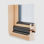 Fenêtre en bois-aluminium en angle avec double vitrage et capotage en aluminium noir à l'extérieur