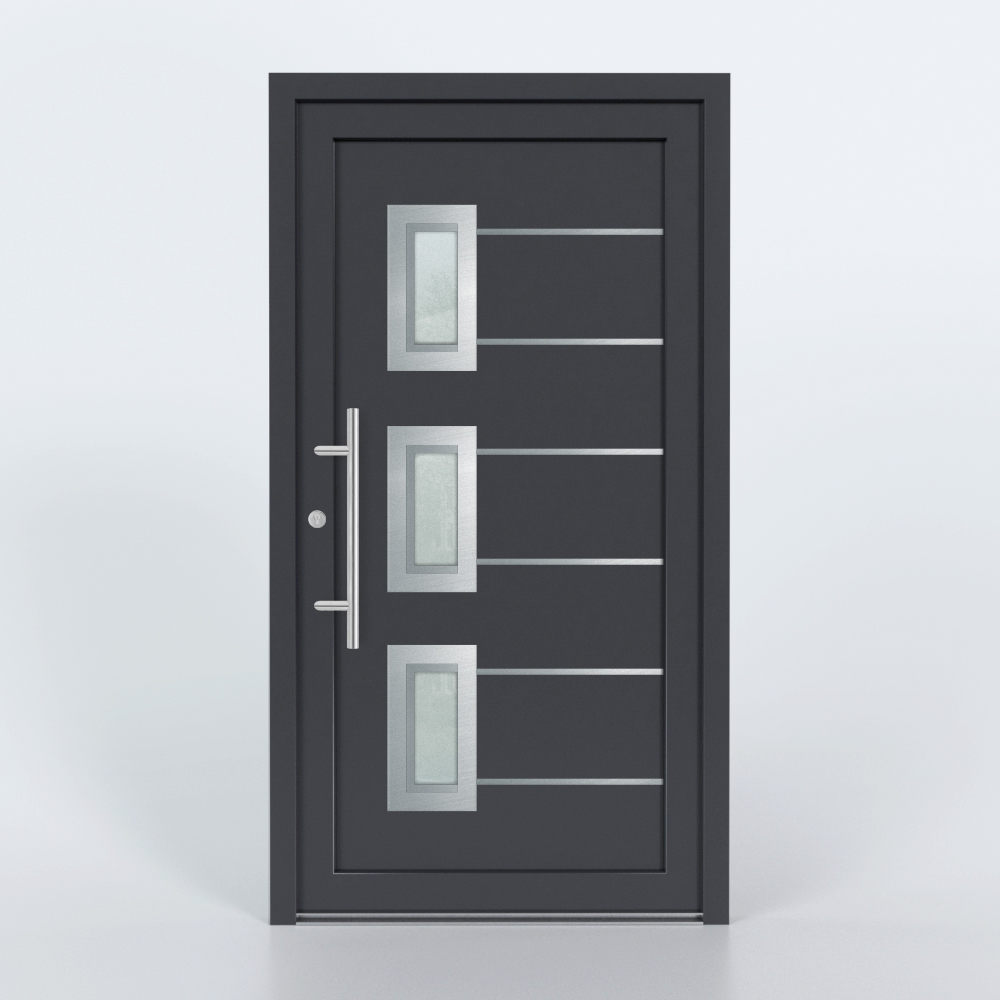 Türfüllung Design 1143 in Anthrazit mit drei Glaseinsätzen und mit 6 schmalen Edelstahl-Applikationen