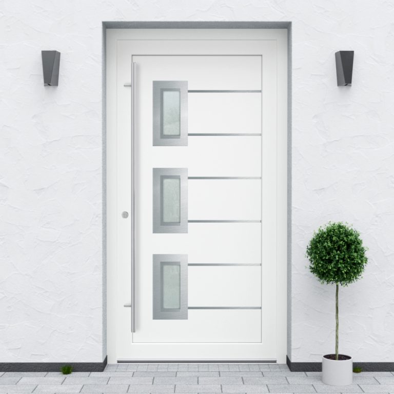 Türfüllung Design 1143 in Weiß mit drei Glaseinsätzen und mit 6 schmalen Edelstahl-Applikationen