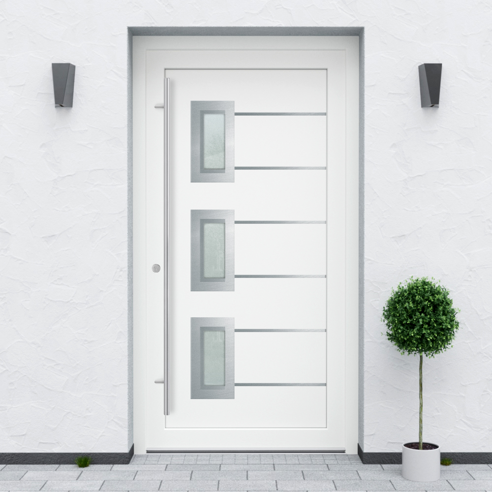 Türfüllung Design 1143 in Weiß mit drei Glaseinsätzen und mit 6 schmalen Edelstahl-Applikationen