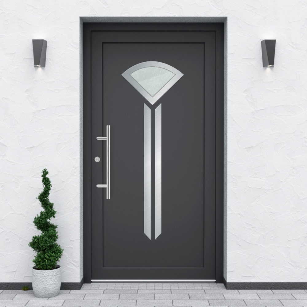 Türfüllung Design 510 in Anthrazit mit Glaseinsatz und zwei Edelstahl-Applikationen