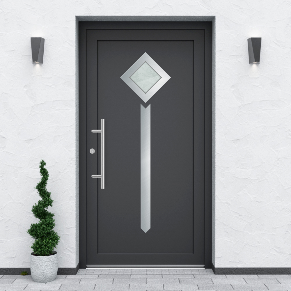 Türfüllung Design 525 in Anthrazit mit einem Glaseinsatz und Edelstahl-Applikationen