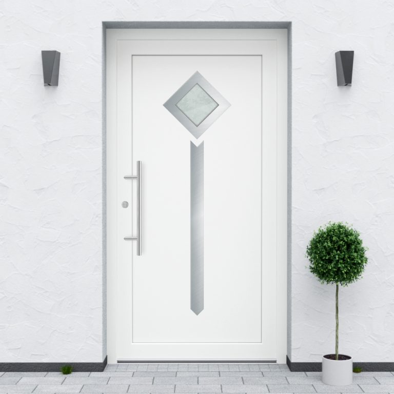 Türfüllung Design 525 in Weiß mit einem Glaseinsatz und Edelstahl-Applikationen