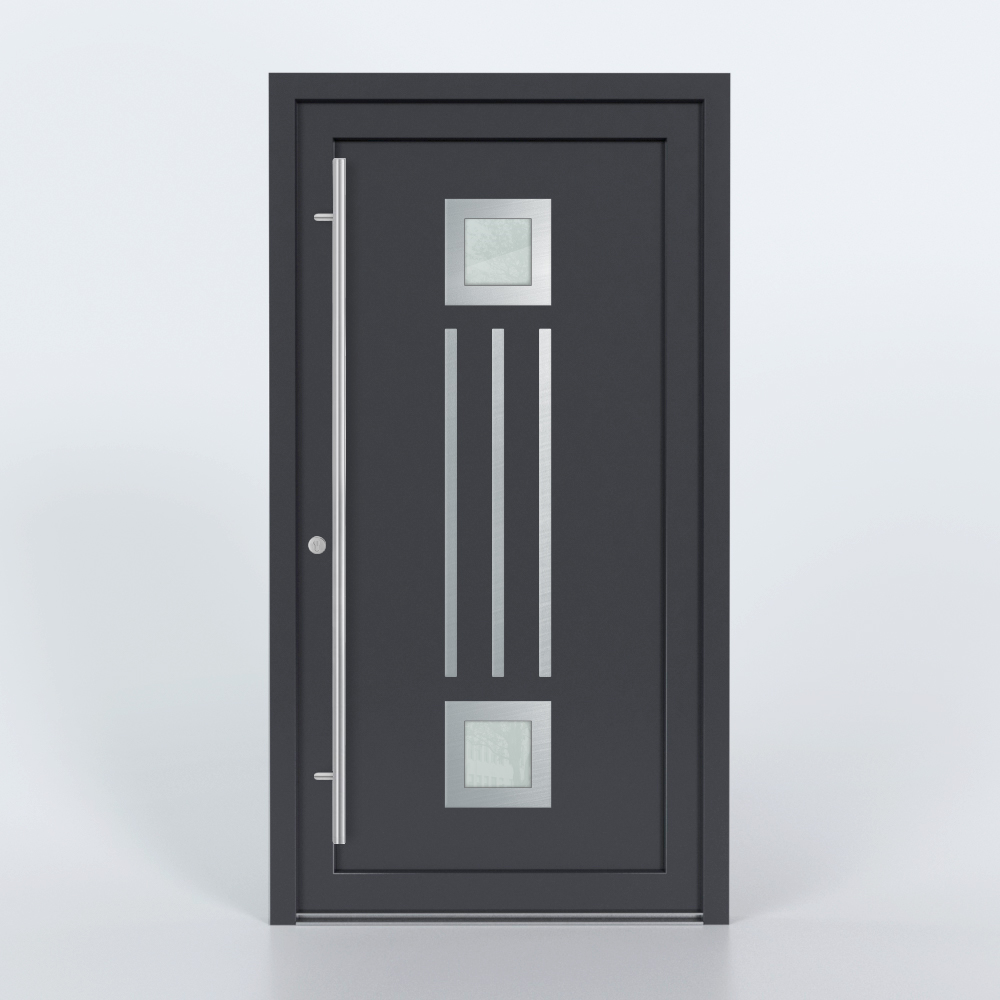 Türfüllung Design 527 in Anthrazit mit zwei quadratischen Glaseinsätzen und drei länglichen Edelstahl-Applikationen dazwischen