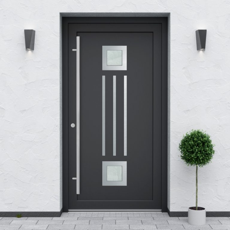 Türfüllung Design 527 in Anthrazit mit zwei quadratischen Glaseinsätzen und drei länglichen Edelstahl-Applikationen dazwischen