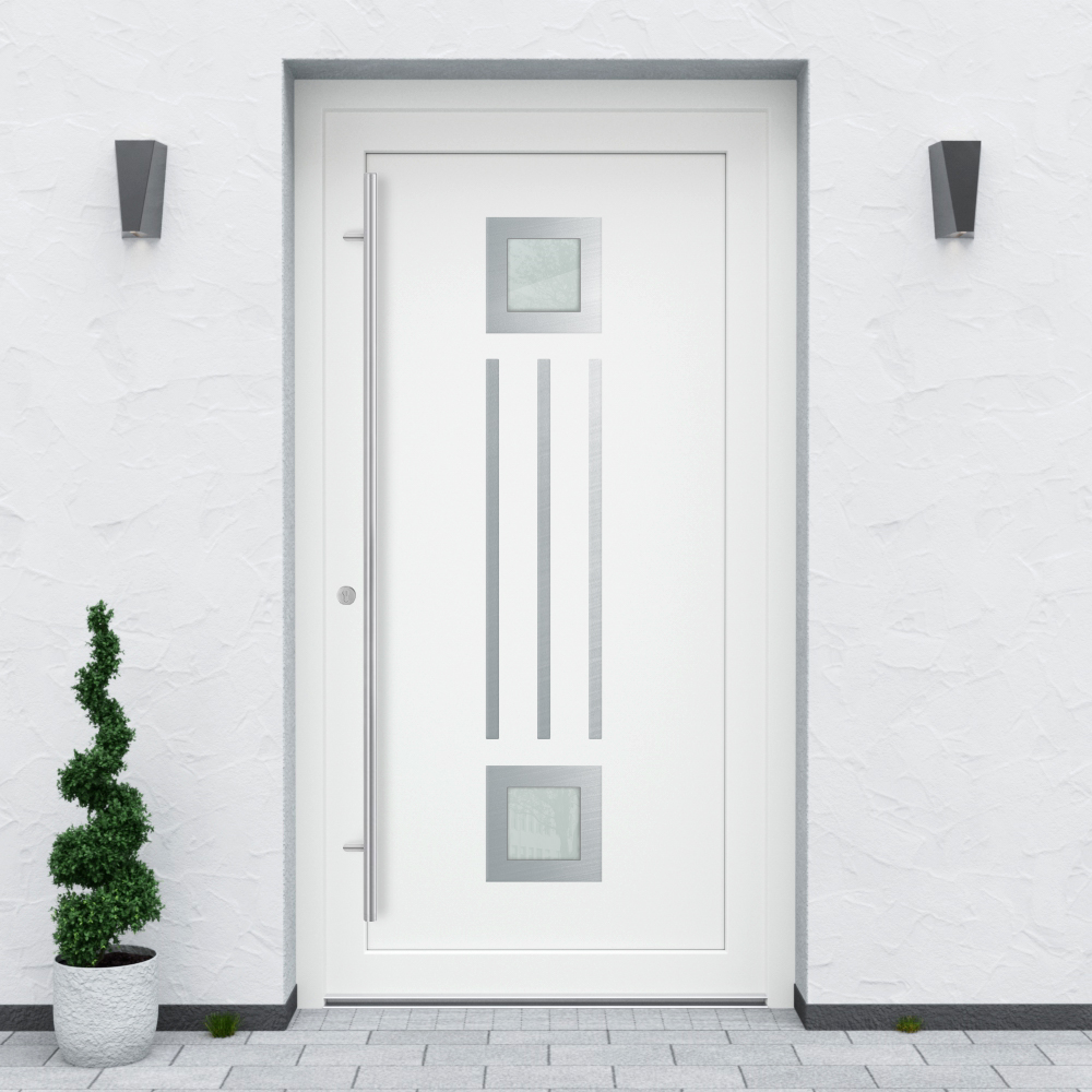 Türfüllung Design 527 in Weiß mit zwei quadratischen Glaseinsätzen und drei länglichen Edelstahl-Applikationen dazwischen