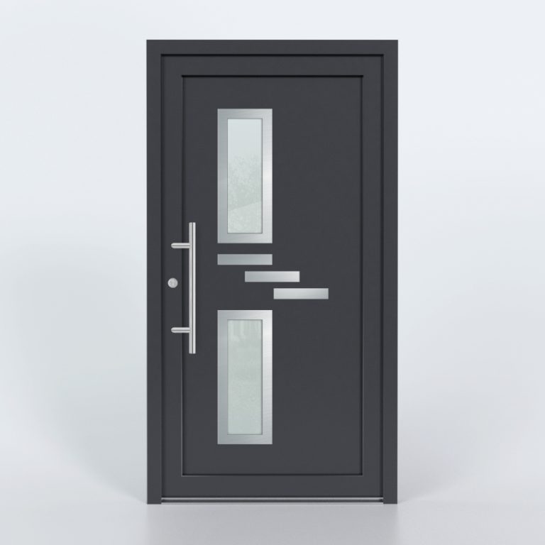 Türfüllung Design 550 in Anthrazit mit zwei breiten Glaseinsätzen und drei Edelstahl-Applikationen