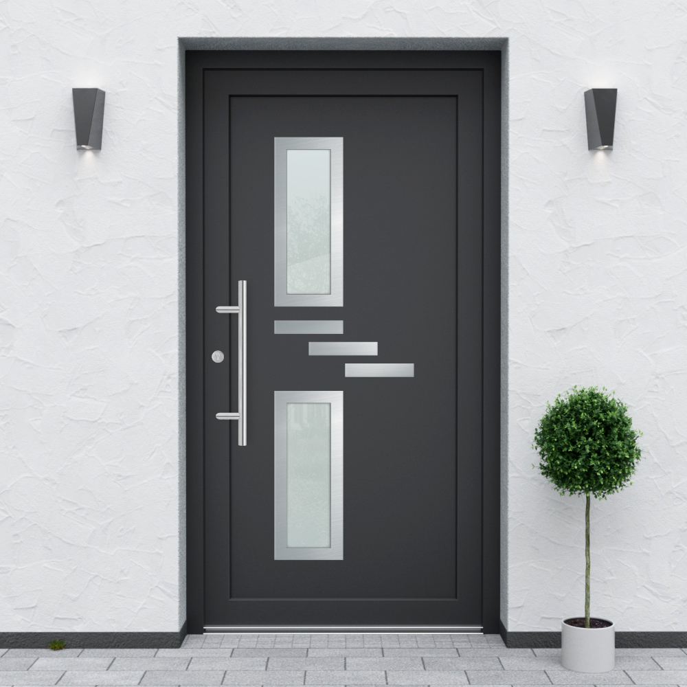 Türfüllung Design 550 in Anthrazit mit zwei breiten Glaseinsätzen und drei Edelstahl-Applikationen