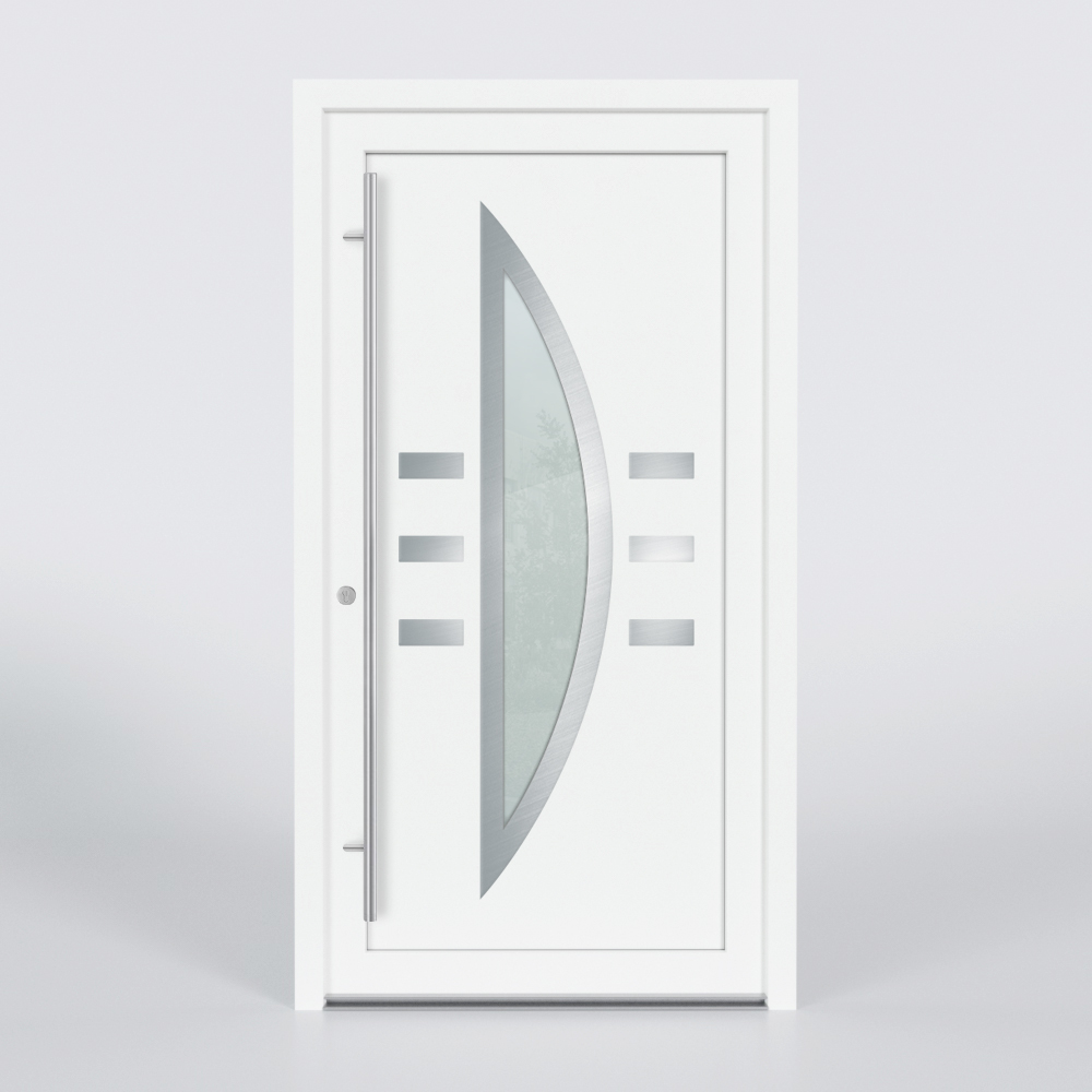 Türfüllung Design 632 in Weiß mit Glaseinsatz und sechs kleinen Edelstahl-Applikationen