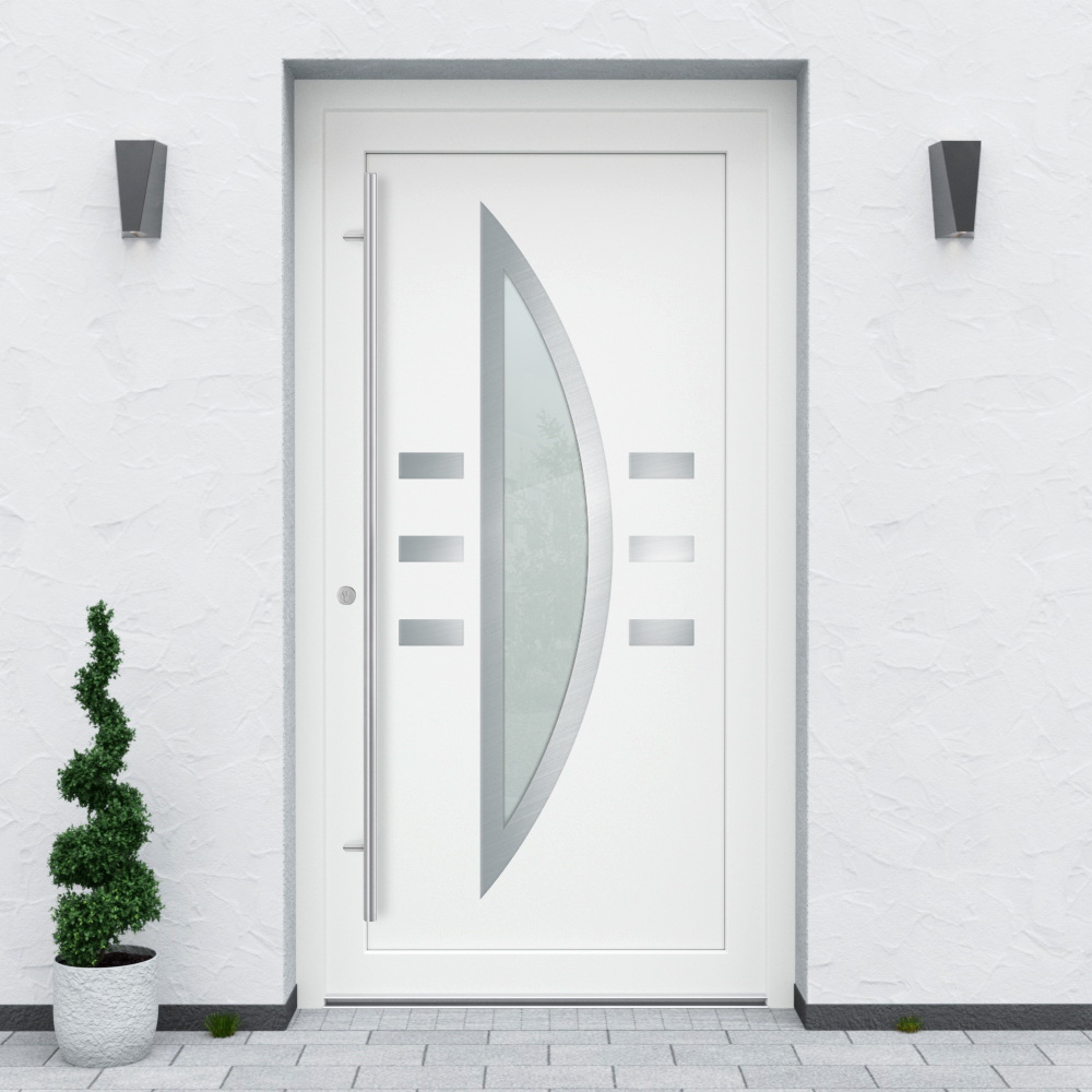 Türfüllung Design 632 in Weiß mit Glaseinsatz und sechs kleinen Edelstahl-Applikationen