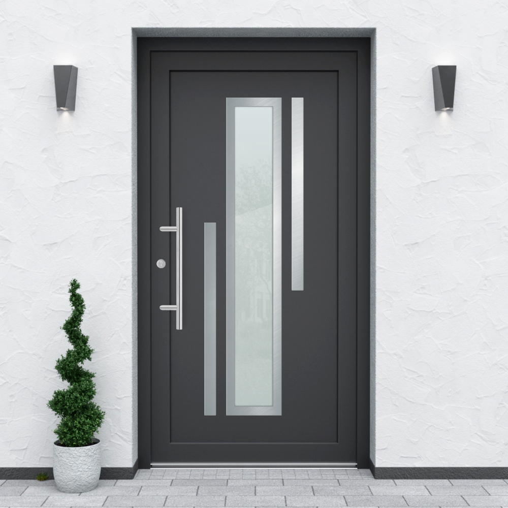 Türfüllung Design 660 in Anthrazit mit breitem Glaseinsatz und zwei Edelstahl-Applikationen