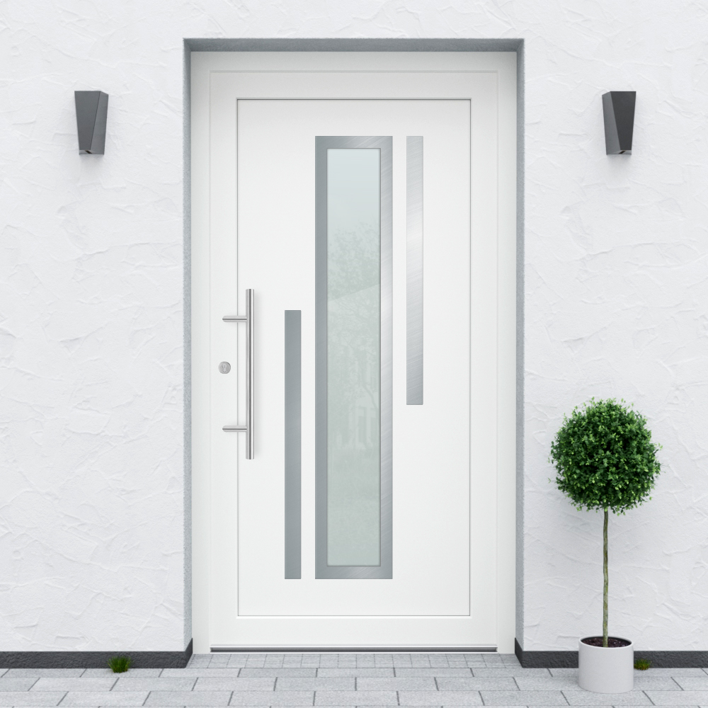 Türfüllung Design 660 in Weiß mit breitem Glaseinsatz und zwei Edelstahl-Applikationen