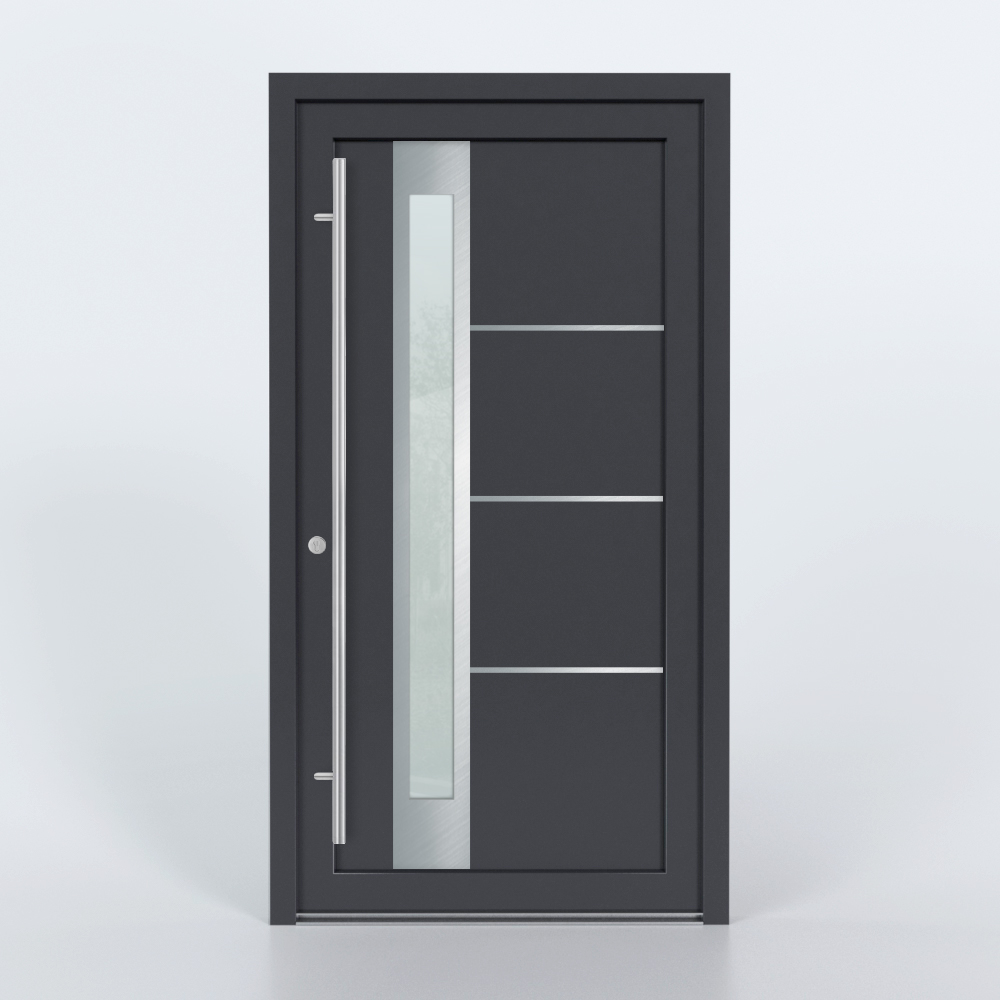 Türfüllung Design 841 in Anthrazit mit schmalem Glaseinsatz und drei Edelstahl-Applikationen