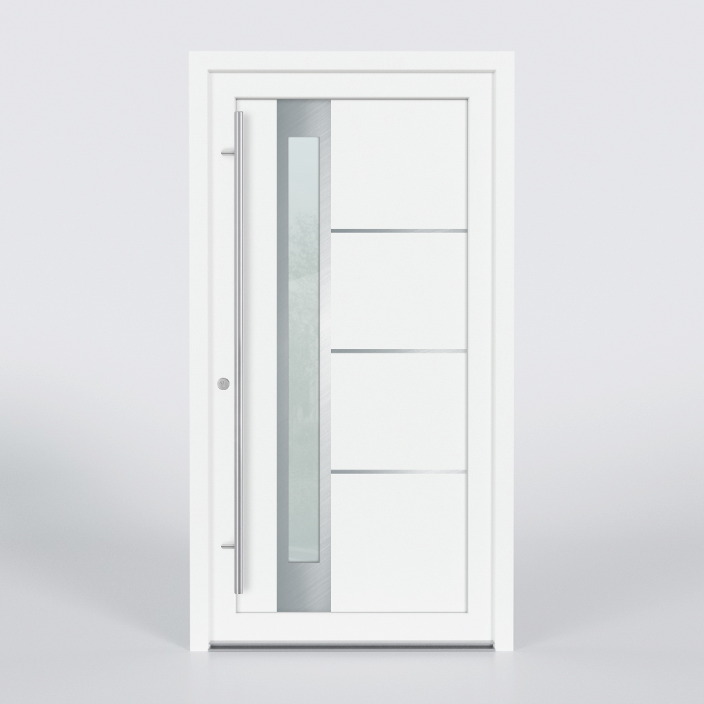 Türfüllung Design 841 in Weiß mit schmalem Glaseinsatz und drei Edelstahl-Applikationen