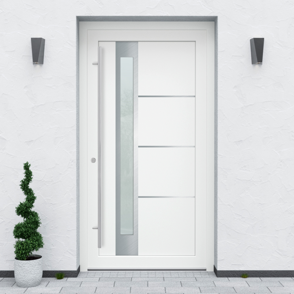 Türfüllung Design 841 in Weiß mit schmalem Glaseinsatz und drei Edelstahl-Applikationen