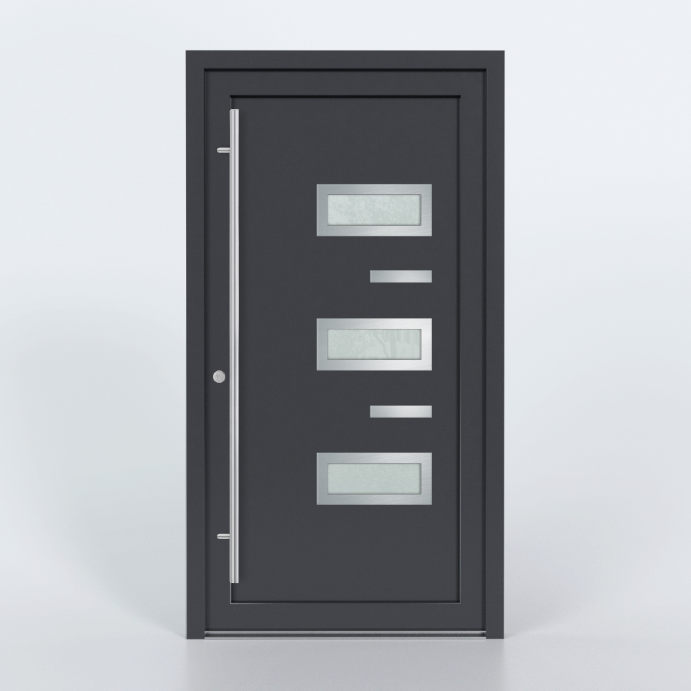 Türfüllung Design 867 in Anthrazit mit drei Glaseinsätzen und 2 Edelstahl-Applikationen