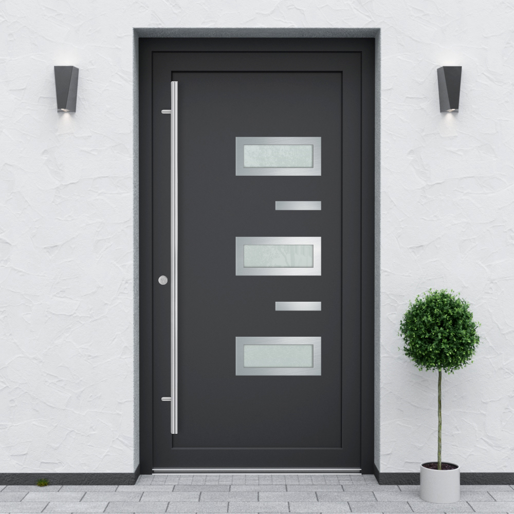 Türfüllung Design 867 in Anthrazit mit drei Glaseinsätzen und 2 Edelstahl-Applikationen