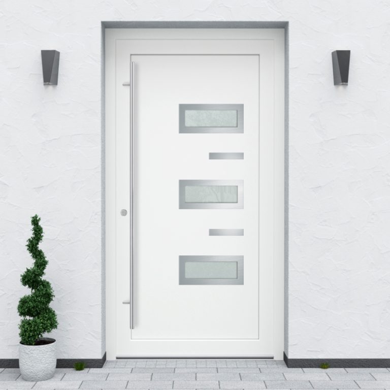 Türfüllung Design 867 in Weiß mit drei Glaseinsätzen und 2 Edelstahl-Applikationen
