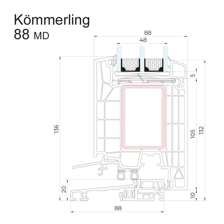 Querschnittzeichnung des Kunststoff-Haustürprofils Kömmerling 88 MD