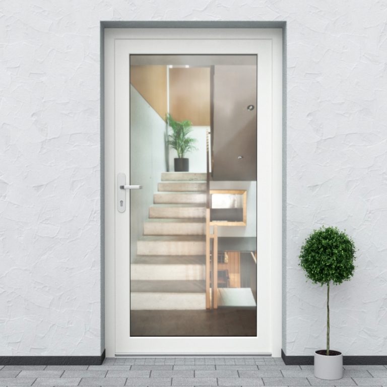 Weiße Nebeneingangstür aus Kunststoff im Design N10 mit Glaseinsätzen