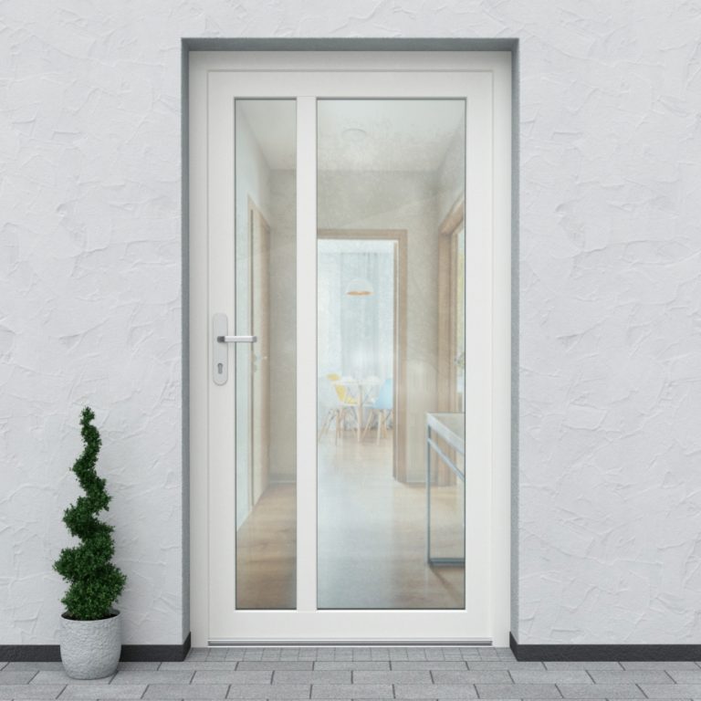 Weiße Nebeneingangstür aus Kunststoff im Design N30 mit Glaseinsätzen