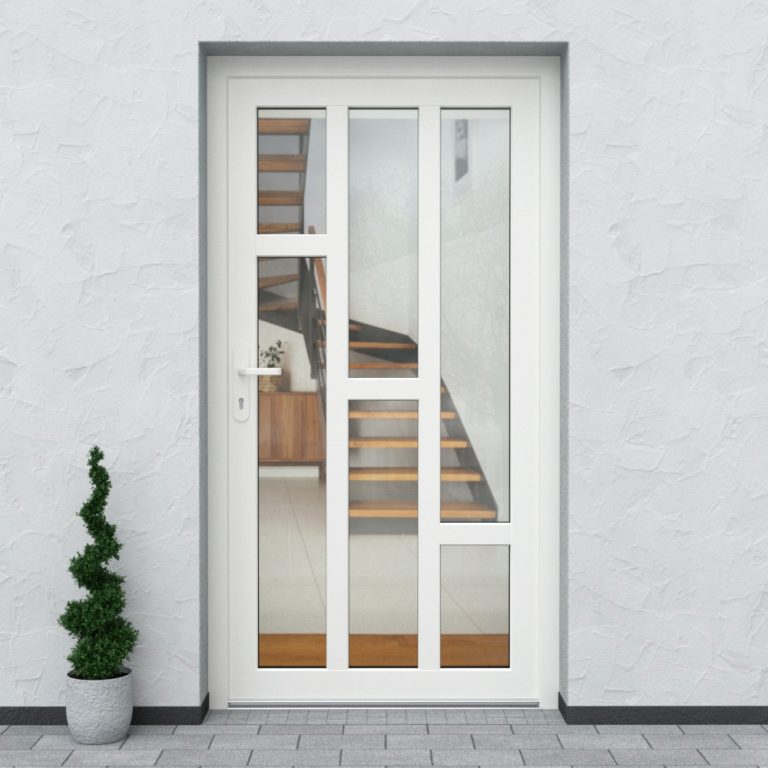 Weiße Nebeneingangstür aus Kunststoff im Design N60 mit Glaseinsätzen